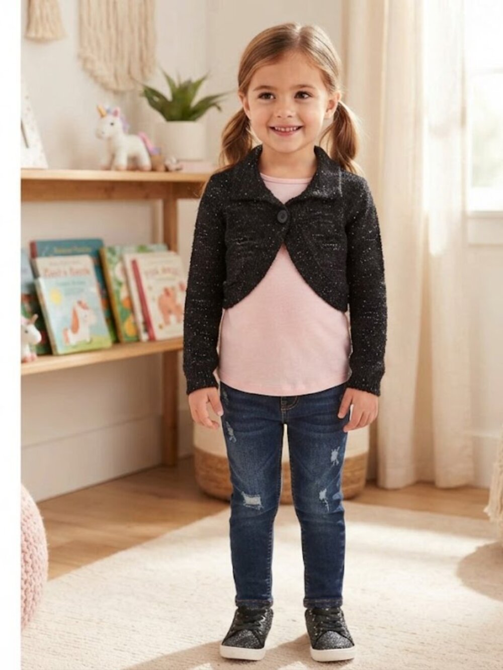 PINK ANGEL Black Knit Cropped Cardigan Medium (5~6)‎